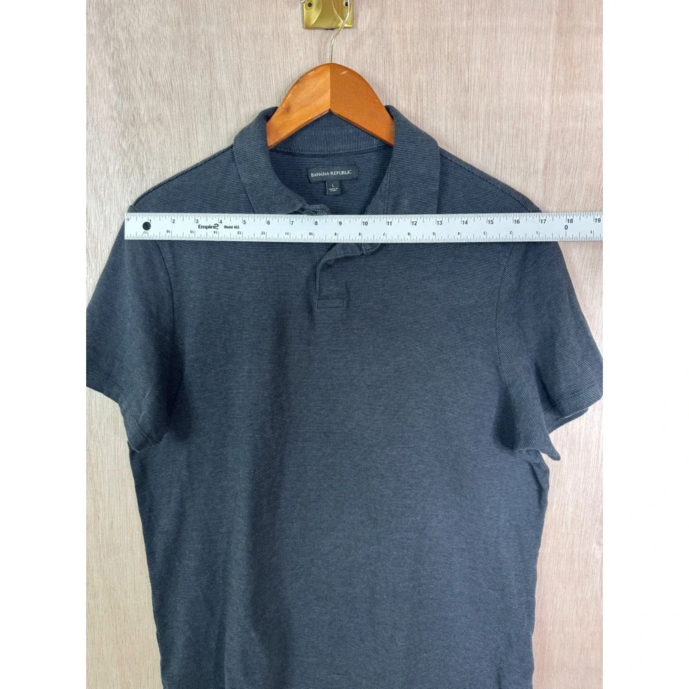 Banana Republic Mens Fitted Polo Shirt Navy Blue Grey Mini Stripe Short Sleeve L